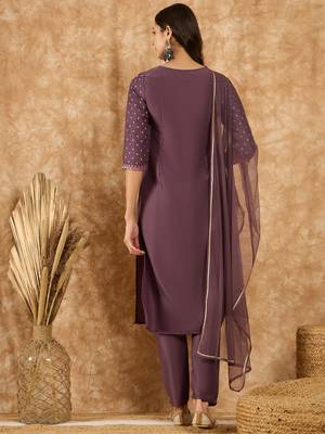 Ziyaa women's purple chinon straight kurta, pant and dupatta set 3