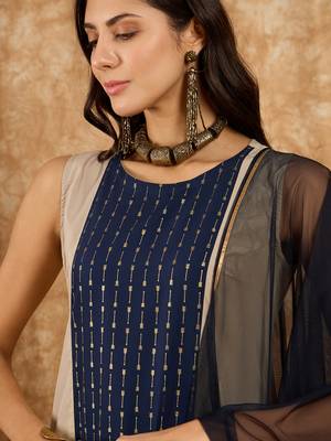 Ziyaa women's navy blue crepe kurta, palazzo and dupatta set 4