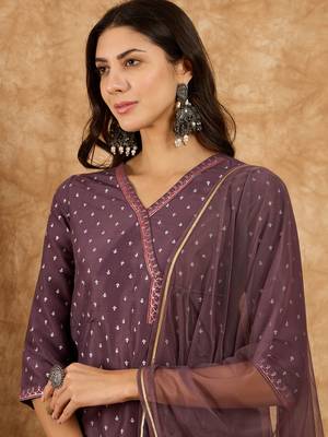 Ziyaa women's purple chinon straight kurta, pant and dupatta set 4