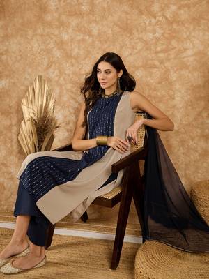 Ziyaa women's navy blue crepe kurta, palazzo and dupatta set 5