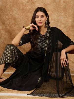 Ziyaa women's black crepe kurta, palazzo and dupatta set 5