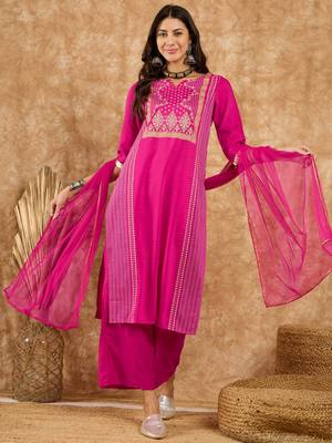 Ziyaa women's pink chinon kurta, palazzo and dupatta set 1