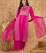 Ziyaa women's pink chinon kurta, palazzo and dupatta set