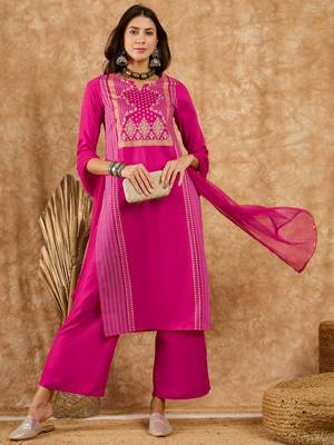 Ziyaa women's pink chinon kurta, palazzo and dupatta set 2