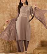 Ziyaa women's brown chinon kurta, palazzo and dupatta set