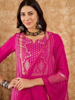 Ziyaa women's pink chinon kurta, palazzo and dupatta set 4