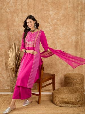 Ziyaa women's pink chinon kurta, palazzo and dupatta set 5