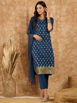 Ziyaa women's blue chinon kurta, pant and dupatta set 1