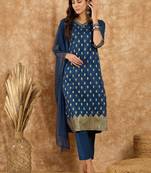 Ziyaa women's blue chinon kurta, pant and dupatta set