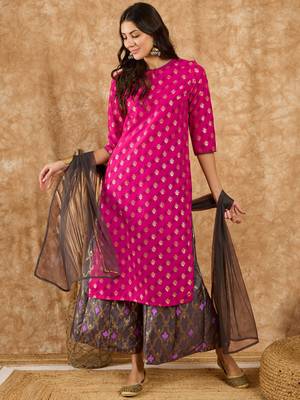 Ziyaa women's pink chinon kurta, palazzo and dupatta set 1
