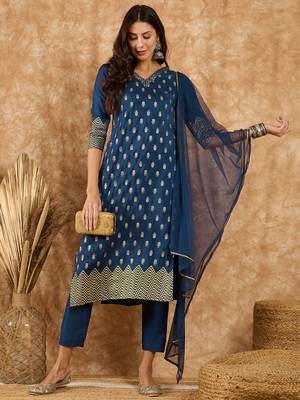 Ziyaa women's blue chinon kurta, pant and dupatta set 2
