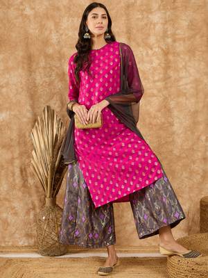 Ziyaa women's pink chinon kurta, palazzo and dupatta set 2