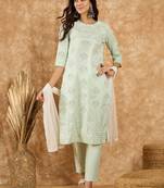 Ziyaa women's green chinon kurta, pant and dupatta set