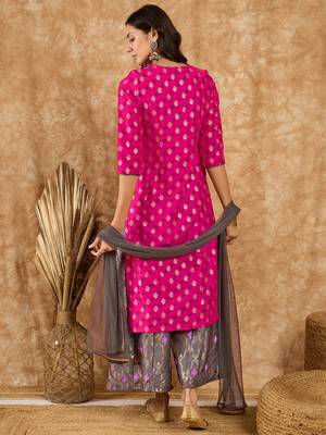 Ziyaa women's pink chinon kurta, palazzo and dupatta set 3