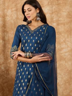 Ziyaa women's blue chinon kurta, pant and dupatta set 4