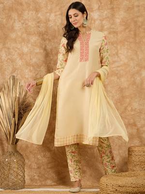 Ziyaa women's cream chinon kurta, pant and dupatta set 1
