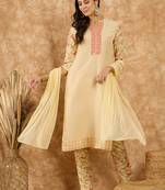 Ziyaa women's cream chinon kurta, pant and dupatta set