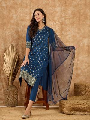 Ziyaa women's blue chinon kurta, pant and dupatta set 5