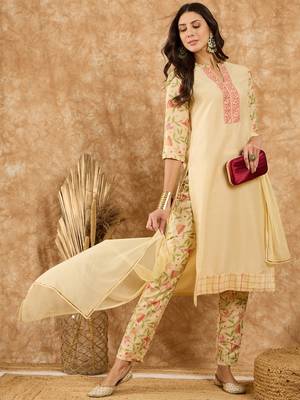 Ziyaa women's cream chinon kurta, pant and dupatta set 2
