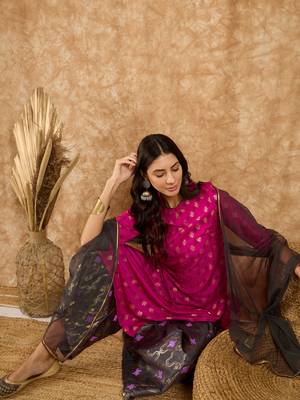 Ziyaa women's pink chinon kurta, palazzo and dupatta set 5