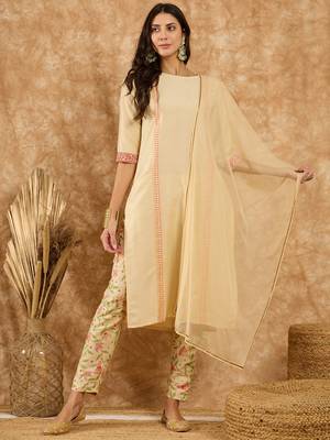 Ziyaa women's cream chinon kurta, pant and dupatta set 1