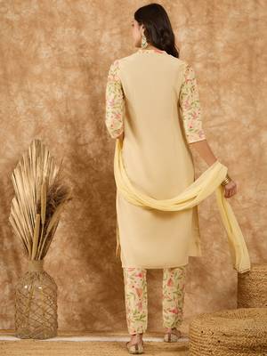 Ziyaa women's cream chinon kurta, pant and dupatta set 3
