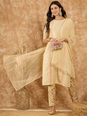 Ziyaa women's cream chinon kurta, pant and dupatta set 2