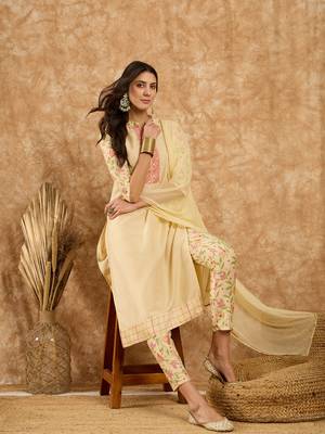 Ziyaa women's cream chinon kurta, pant and dupatta set 5