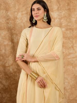 Ziyaa women's cream chinon kurta, pant and dupatta set 4