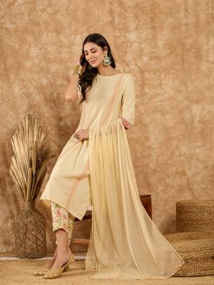 Ziyaa women's cream chinon kurta, pant and dupatta set 5