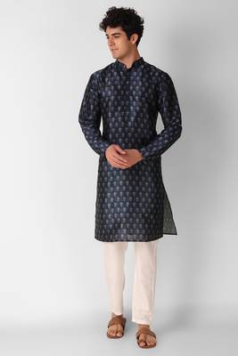Koshin navy blue  color art silk ethnic digitally printed  kurta pyjama for festive & wedding 1