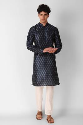 Koshin navy blue  color art silk ethnic digitally printed  kurta pyjama for festive & wedding 3