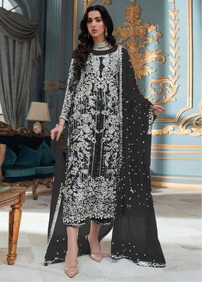 Black Embroidered Organza Fabric Straight Dress Material 1