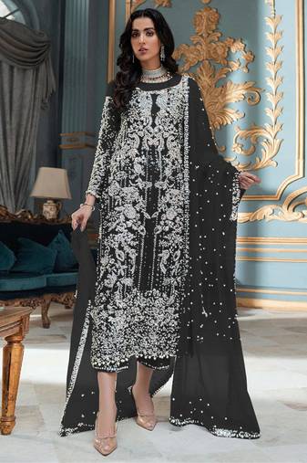 Black Embroidered Organza Fabric Straight Dress Material