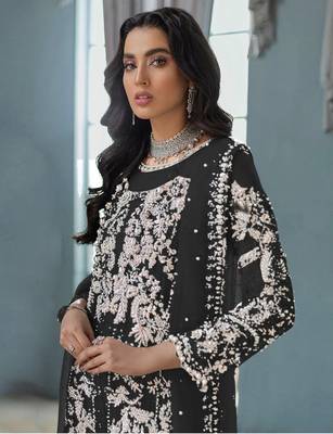 Black Embroidered Organza Fabric Straight Dress Material 2