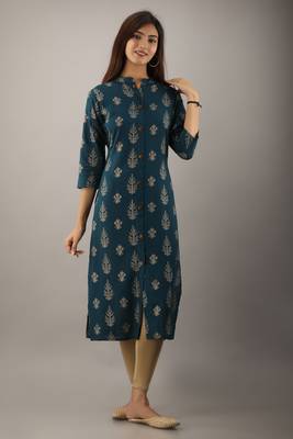 Teal blue fancy button rayon slub straight kurta 1