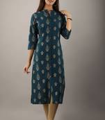 Teal blue fancy button rayon slub straight kurta