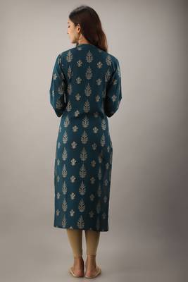 Teal blue fancy button rayon slub straight kurta 2
