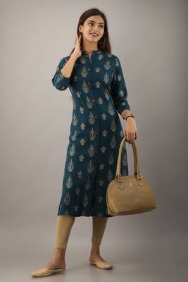 Teal blue fancy button rayon slub straight kurta 4