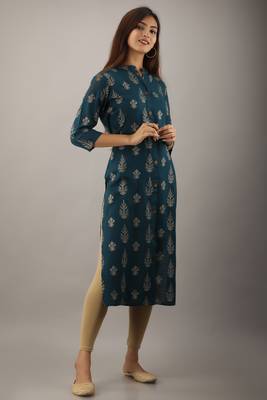 Teal blue fancy button rayon slub straight kurta 5