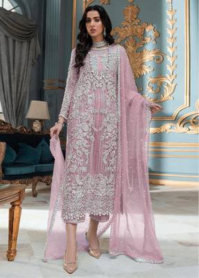 PInk Embroidered Organza Fabric Straight Dress Material 1