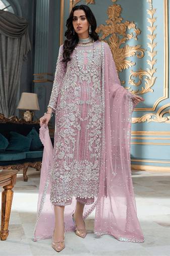 PInk Embroidered Organza Fabric Straight Dress Material