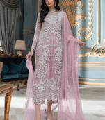 PInk Embroidered Organza Fabric Straight Dress Material