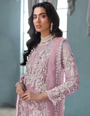 PInk Embroidered Organza Fabric Straight Dress Material 2