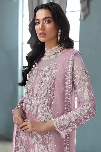 PInk Embroidered Organza Fabric Straight Dress Material