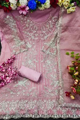 PInk Embroidered Organza Fabric Straight Dress Material