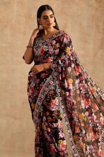Black Floral Printed Heavy Work Lace Border Wedding With Un-Stitched Blouse