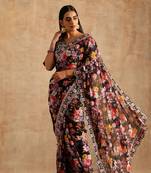 Black Floral Printed Heavy Work Lace Border Wedding With Un-Stitched Blouse