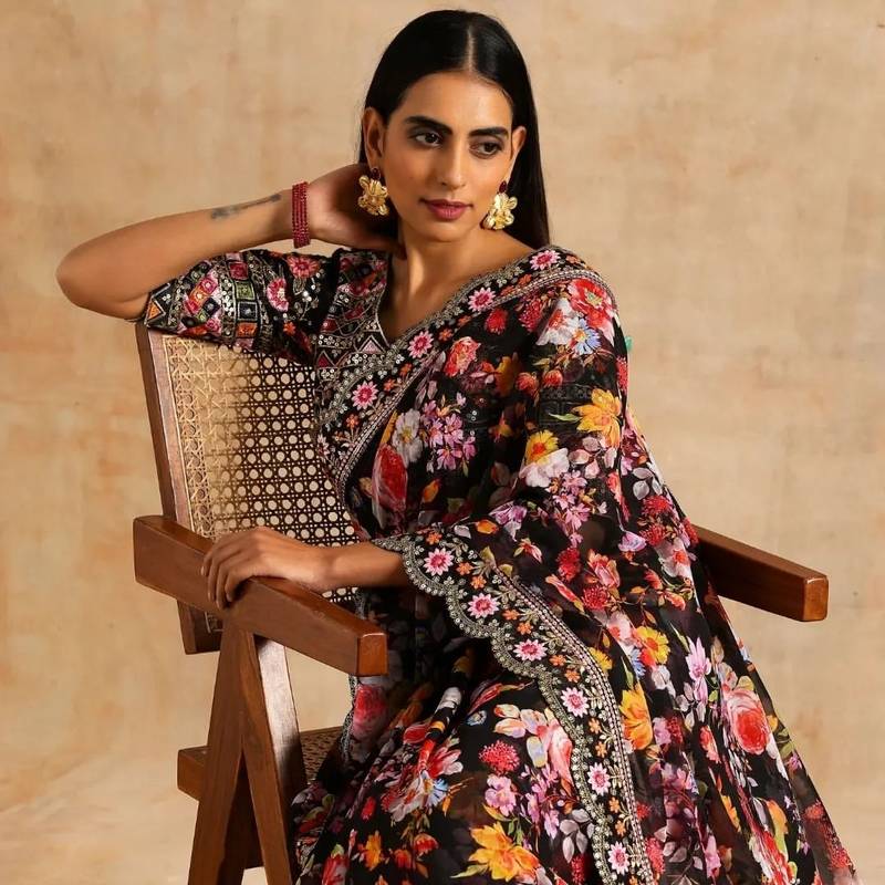 Black Floral Printed Heavy Work Lace Border Wedding With Un-Stitched Blouse