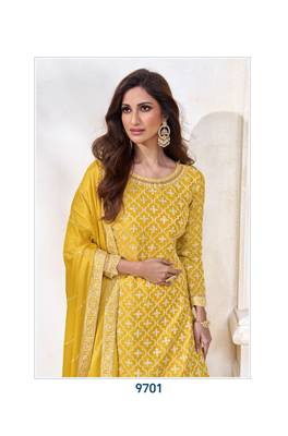 Yellow heavy chinon silk indowestern palazzo set 1